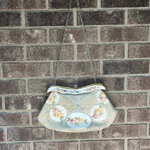 Vintage handbag purse Gladys Golden made in Italy painted burlap  chain strap - Picture 2 of 10